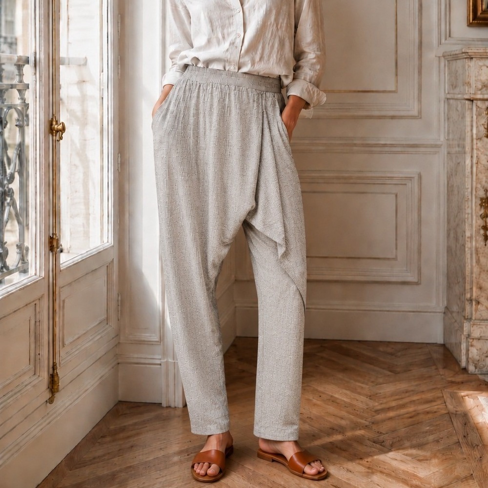 Anntian Cream Black Stitch Harem Pants Lagenlook Pull On Size Medium